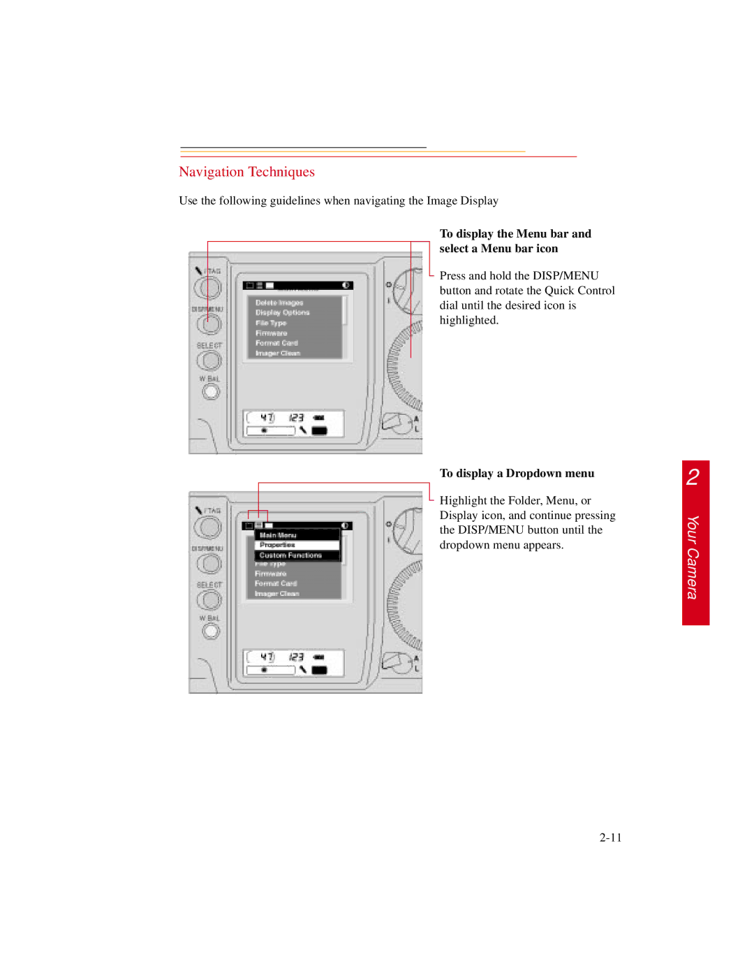 Kodak DCS500 manual Navigation Techniques, To display the Menu bar and select a Menu bar icon 