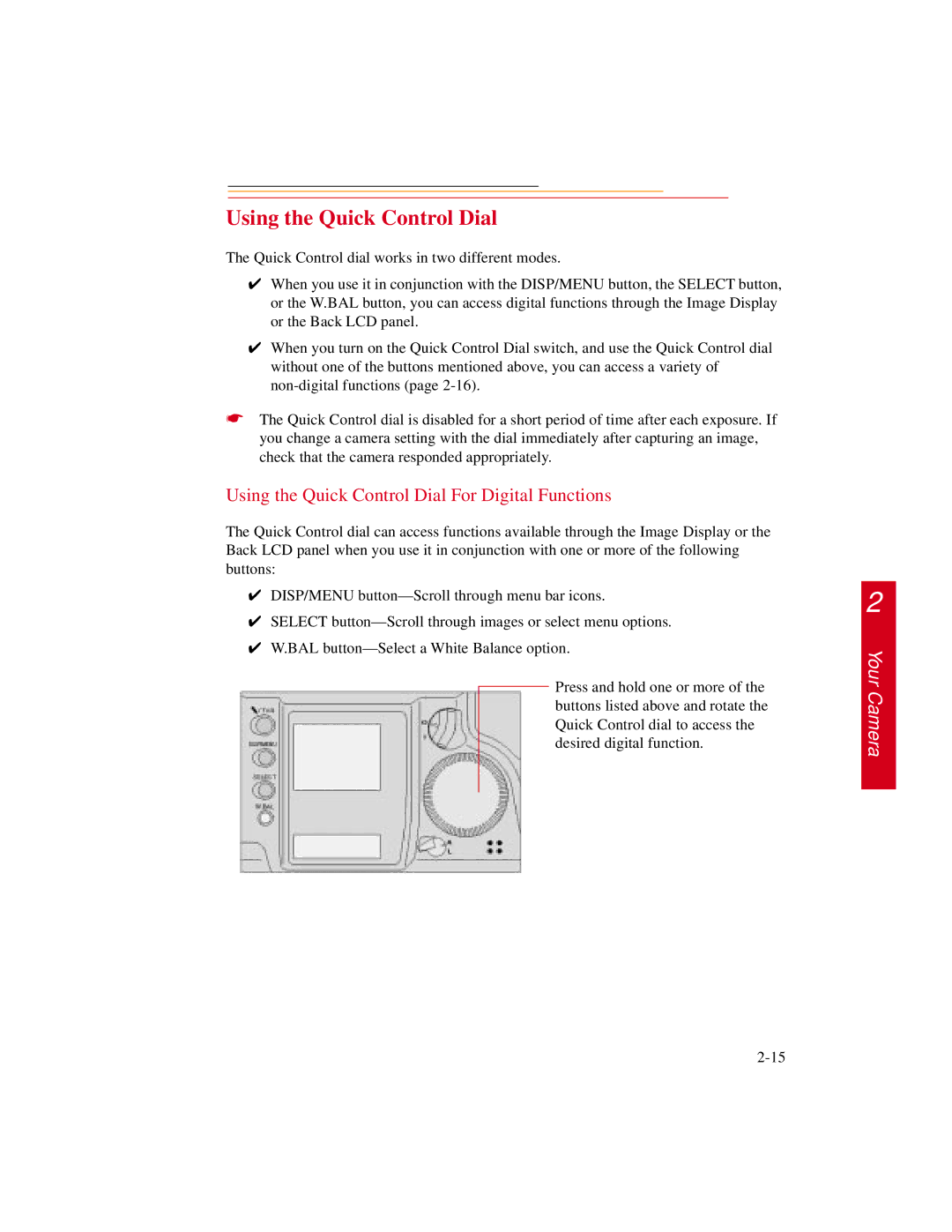 Kodak DCS500 manual Using the Quick Control Dial For Digital Functions 