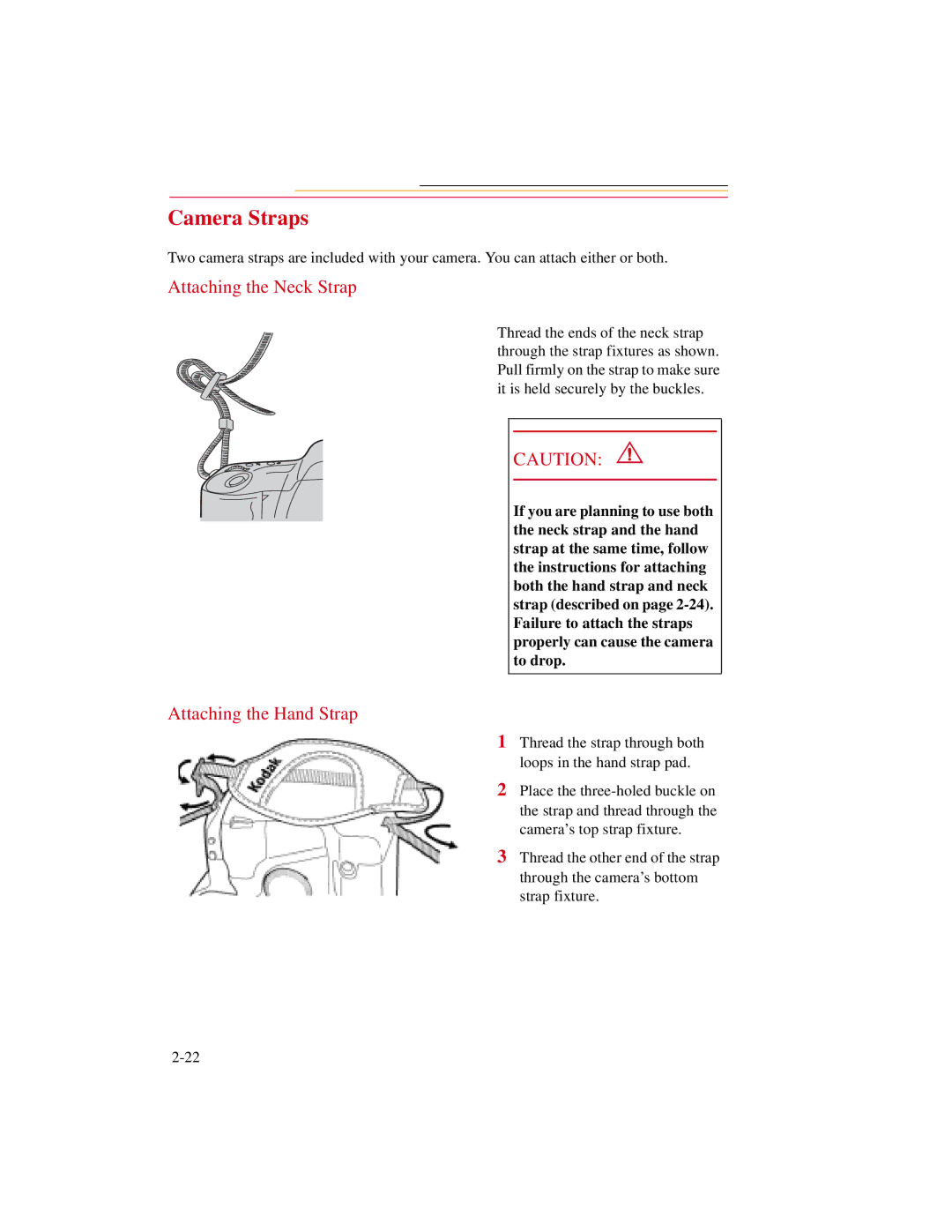 Kodak DCS500 manual Camera Straps, Attaching the Neck Strap, Attaching the Hand Strap 
