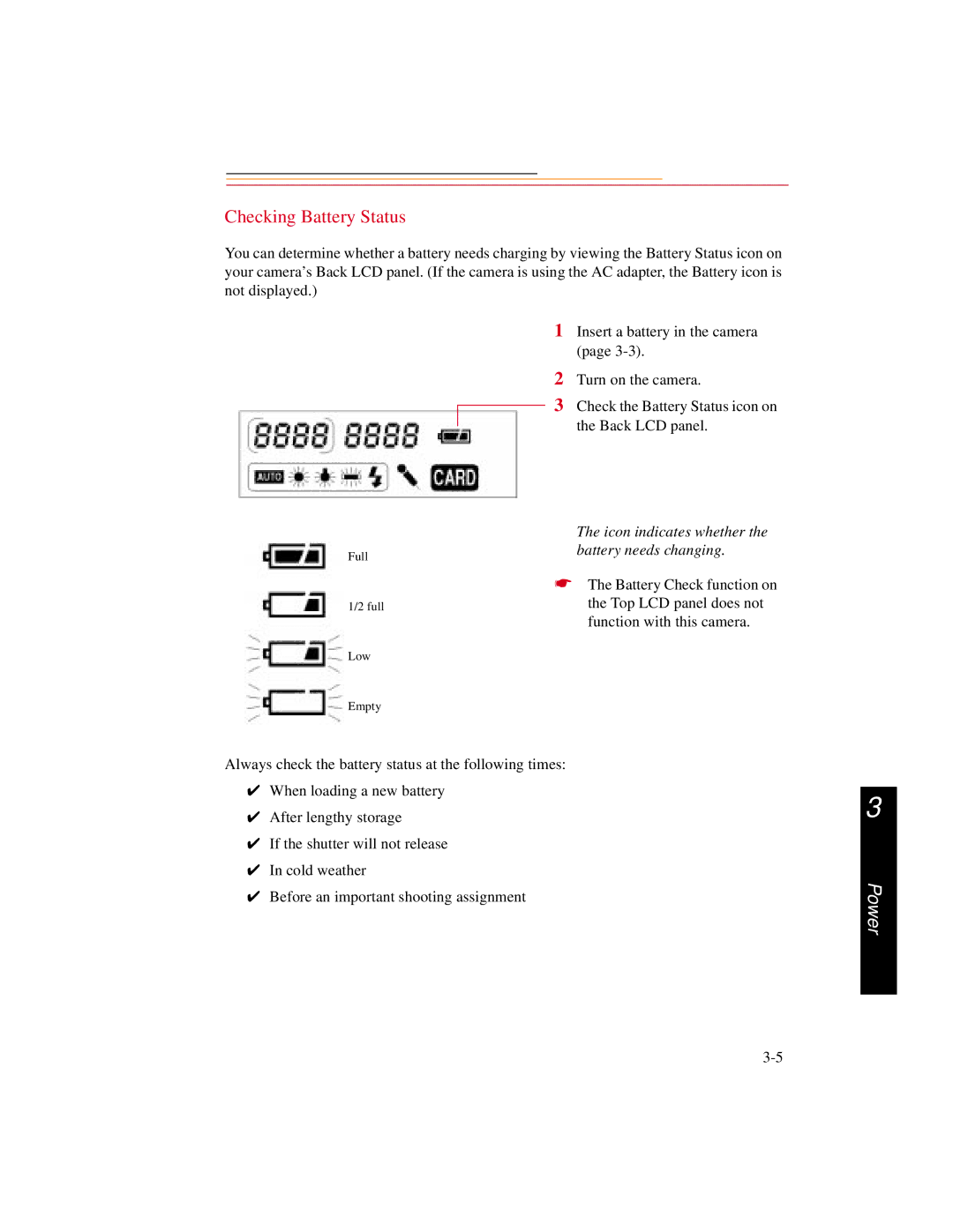 Kodak DCS500 manual Checking Battery Status 