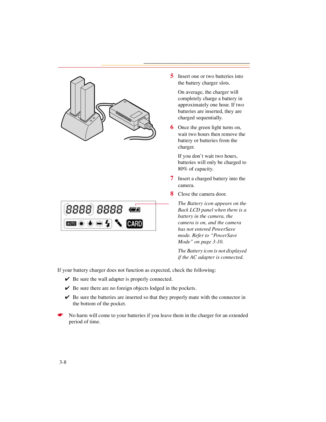 Kodak DCS500 manual Battery icon is not displayed if the AC adapter is connected 