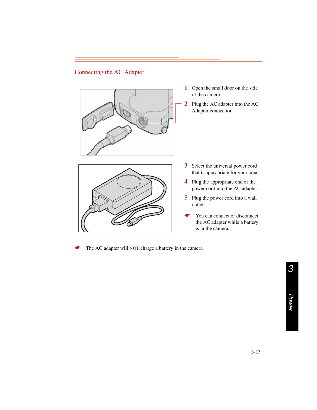 Kodak DCS500 manual Connecting the AC Adapter 