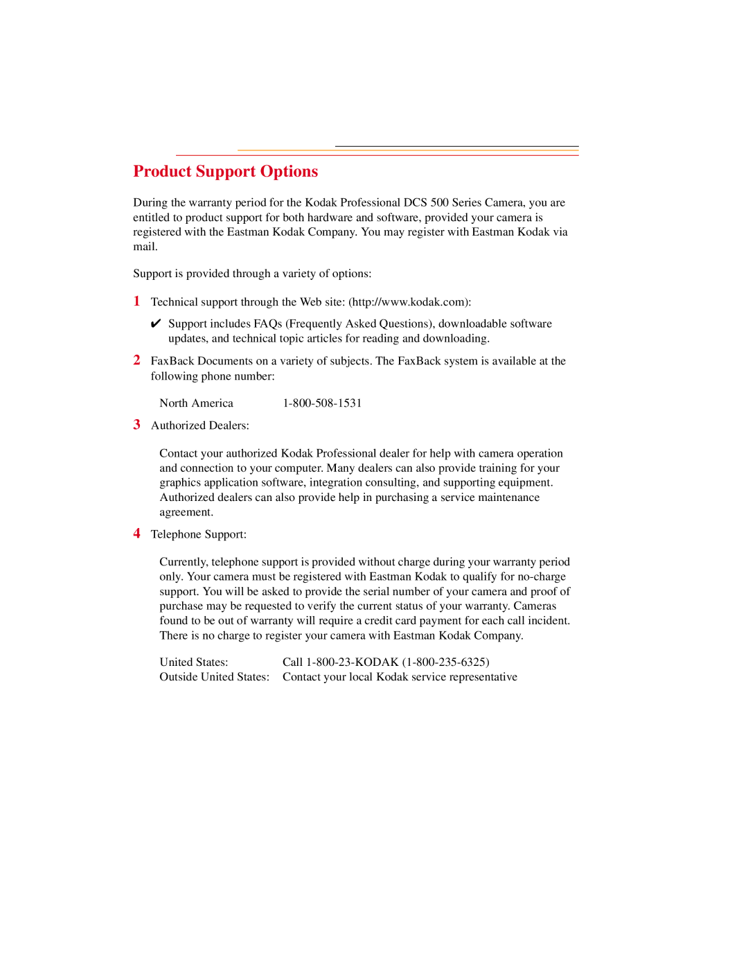 Kodak DCS500 manual Product Support Options 