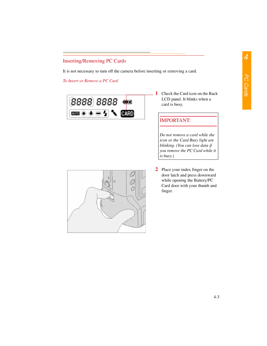 Kodak DCS500 manual Inserting/Removing PC Cards, To Insert or Remove a PC Card 