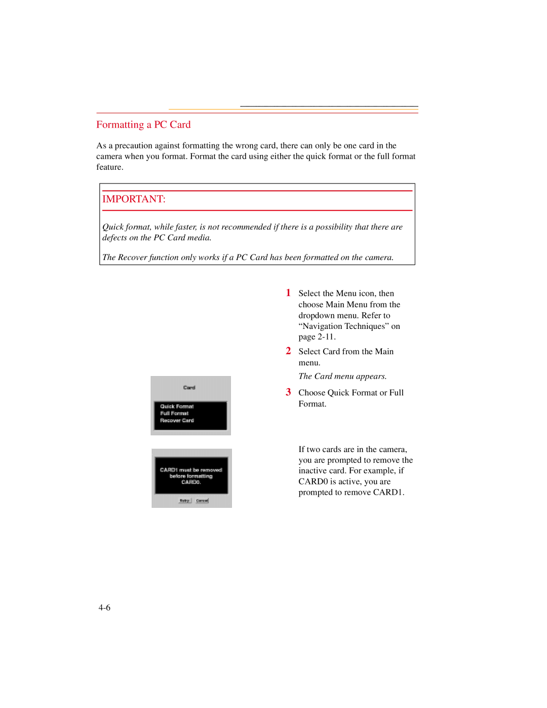 Kodak DCS500 manual Formatting a PC Card, Card menu appears 