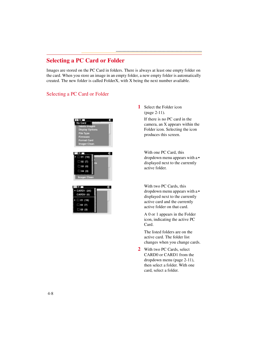 Kodak DCS500 manual Selecting a PC Card or Folder 