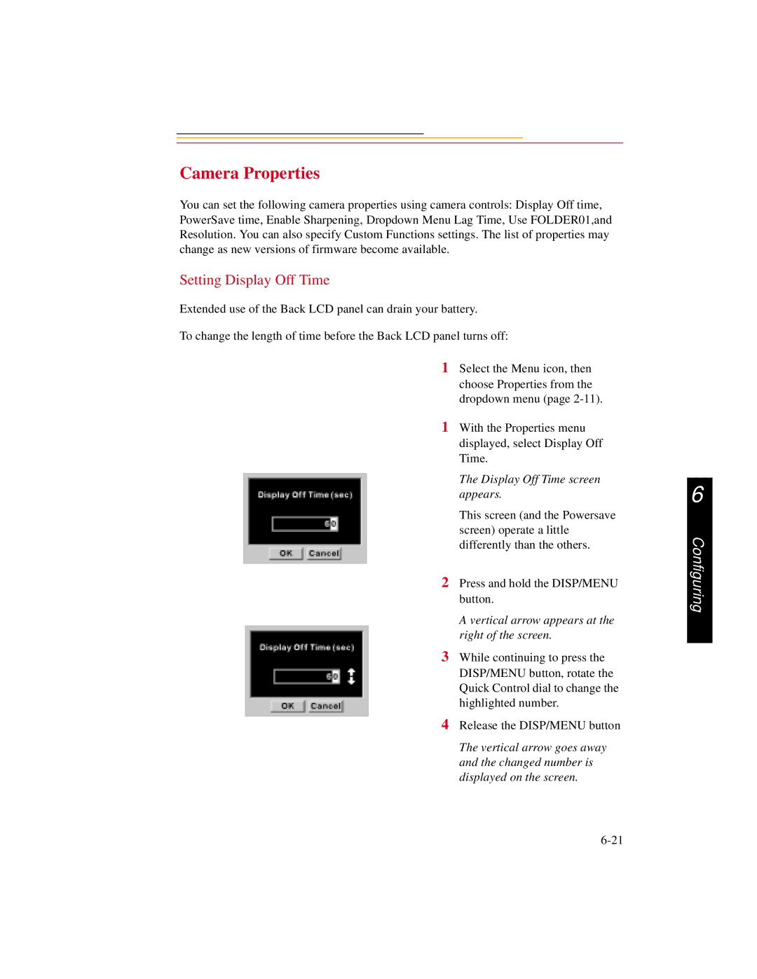 Kodak DCS500 manual Camera Properties, Setting Display Off Time, Display Off Time screen appears 