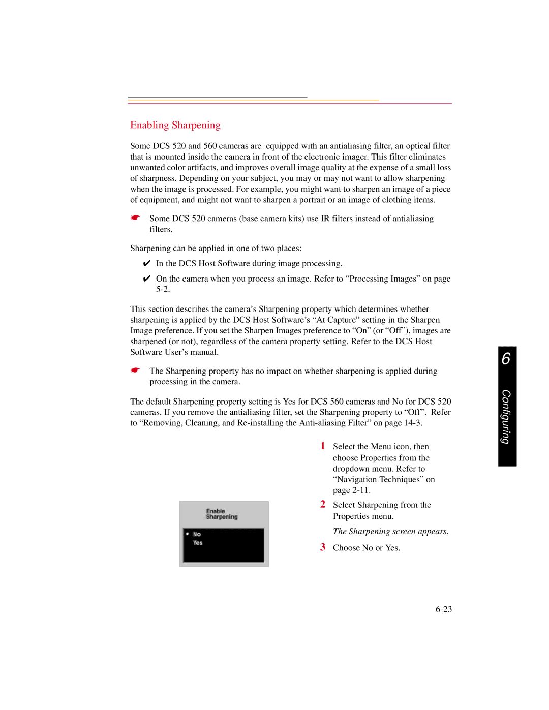 Kodak DCS500 manual Enabling Sharpening, Sharpening screen appears 