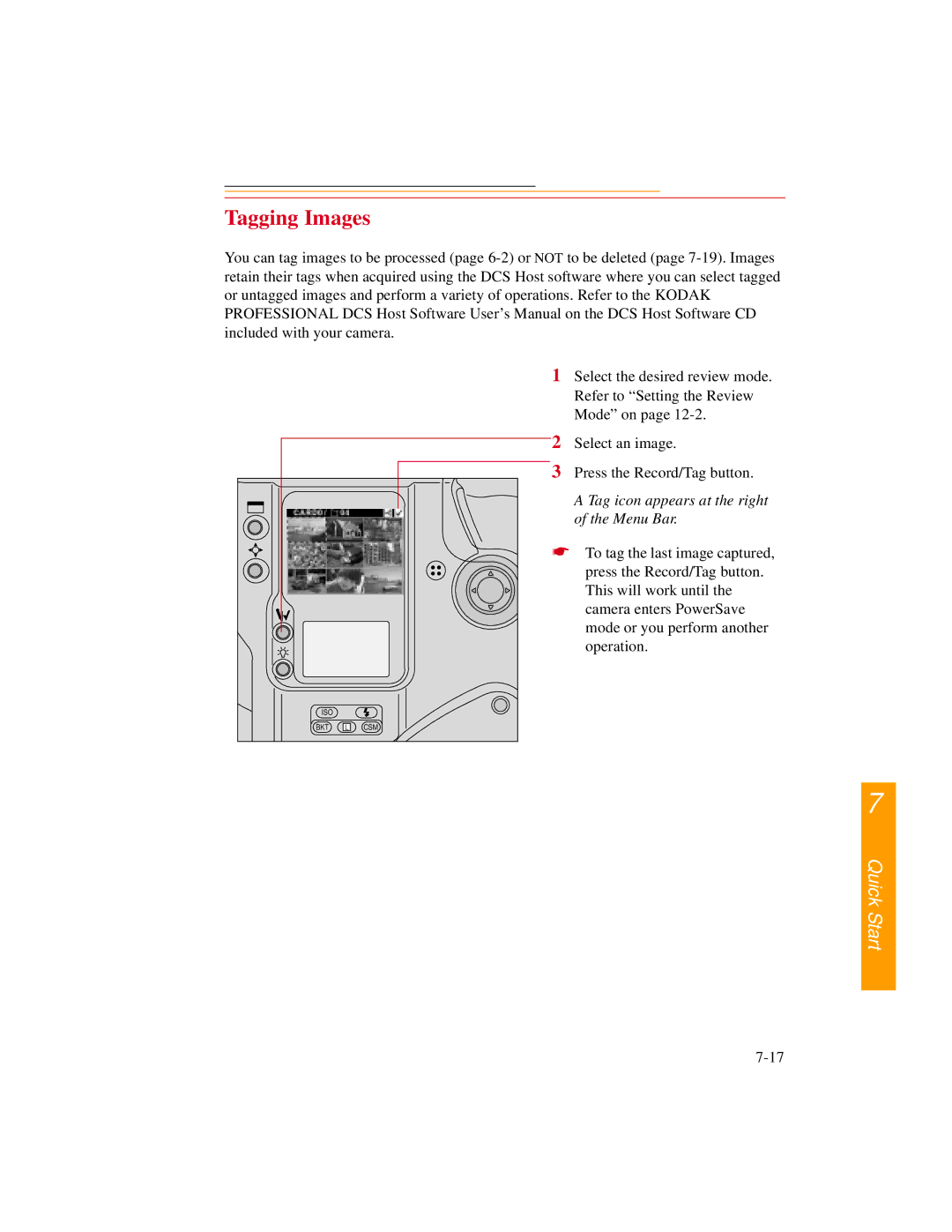 Kodak DCS600 manual Tagging Images, Tag icon appears at the right of the Menu Bar 