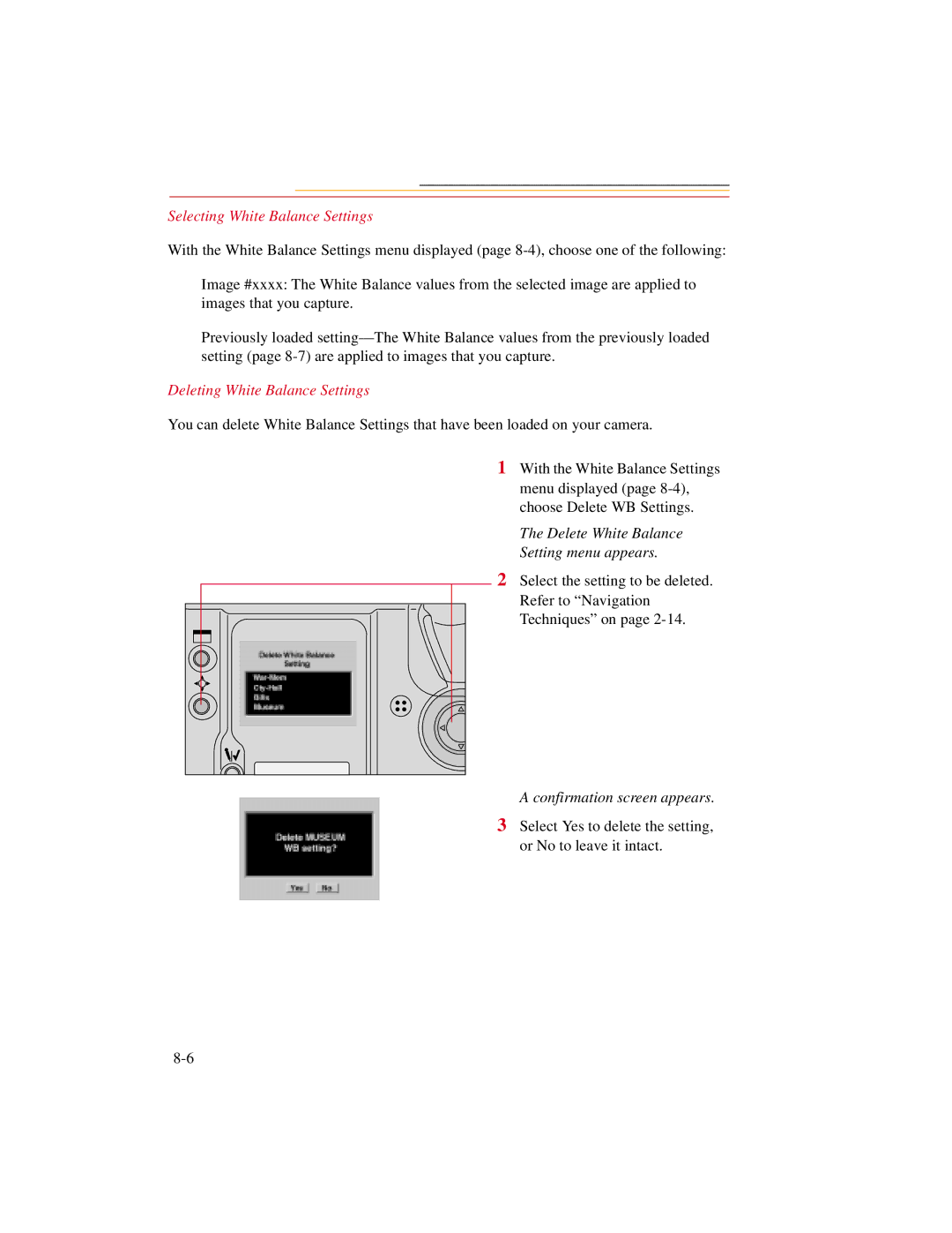 Kodak DCS600 Selecting White Balance Settings, Deleting White Balance Settings, Delete White Balance Setting menu appears 