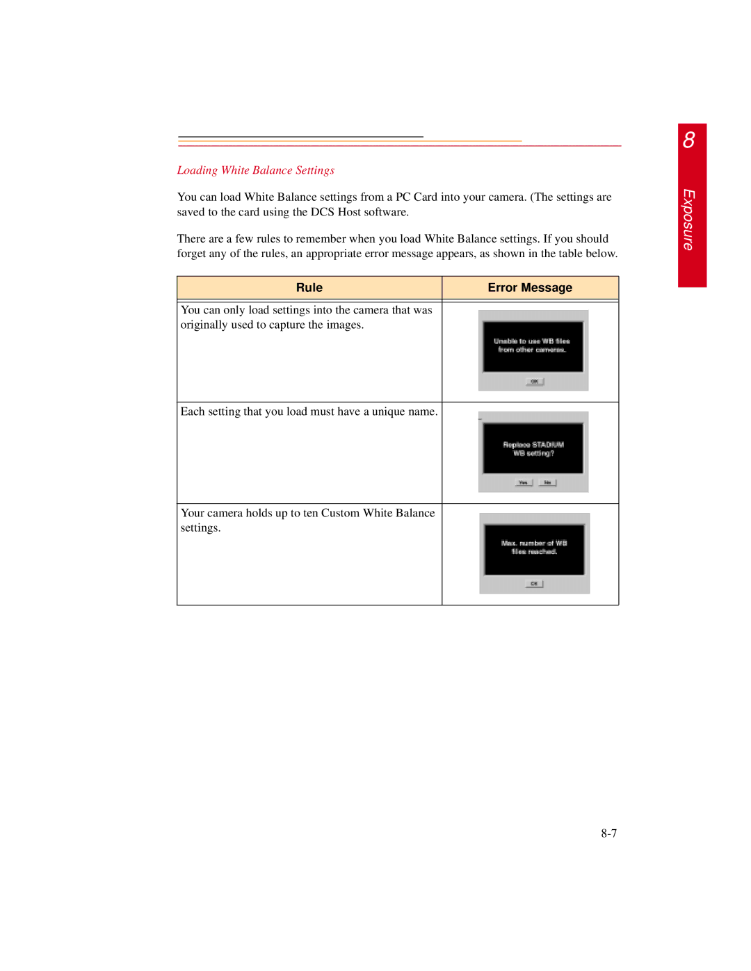 Kodak DCS600 manual Loading White Balance Settings, Rule Error Message 
