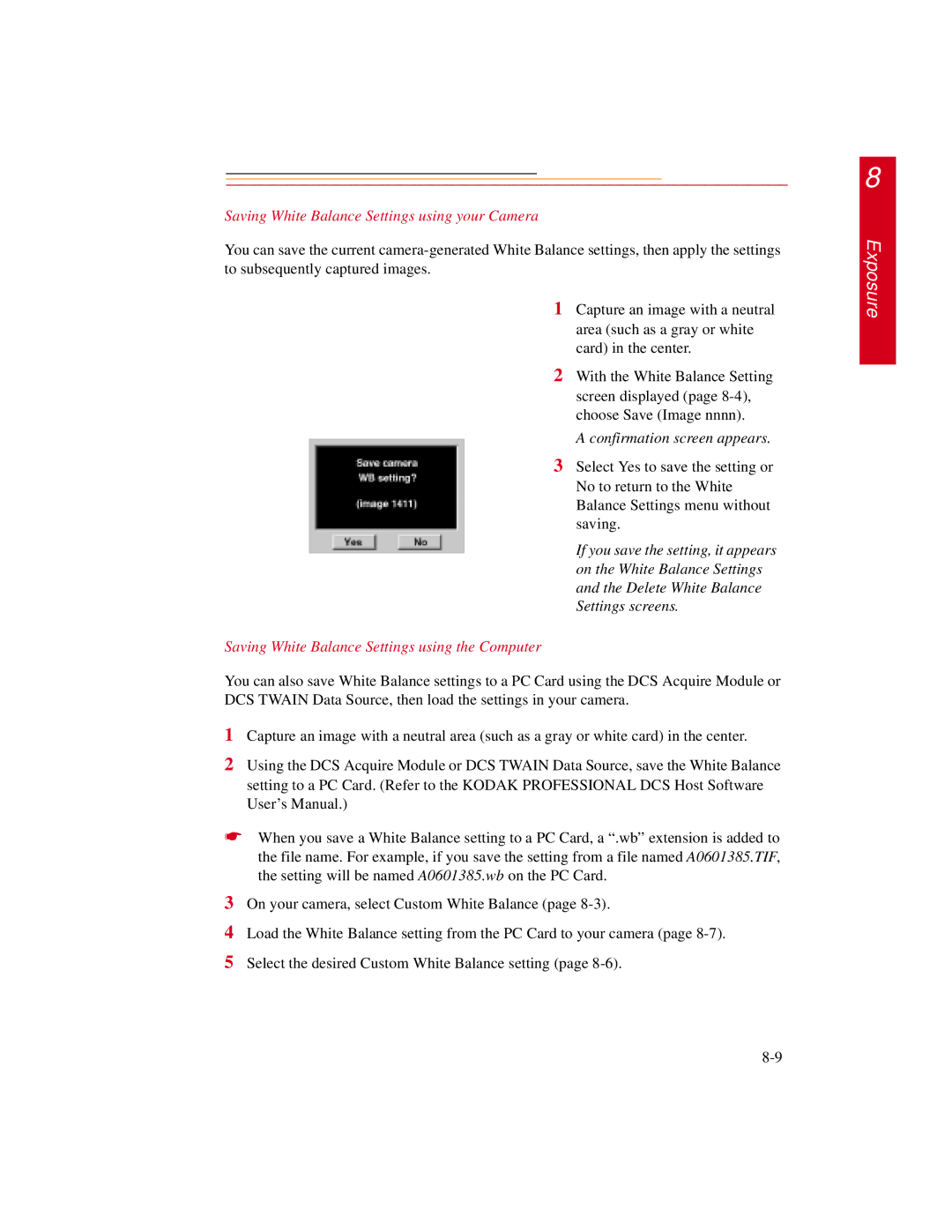 Kodak DCS600 manual Saving White Balance Settings using your Camera, Saving White Balance Settings using the Computer 