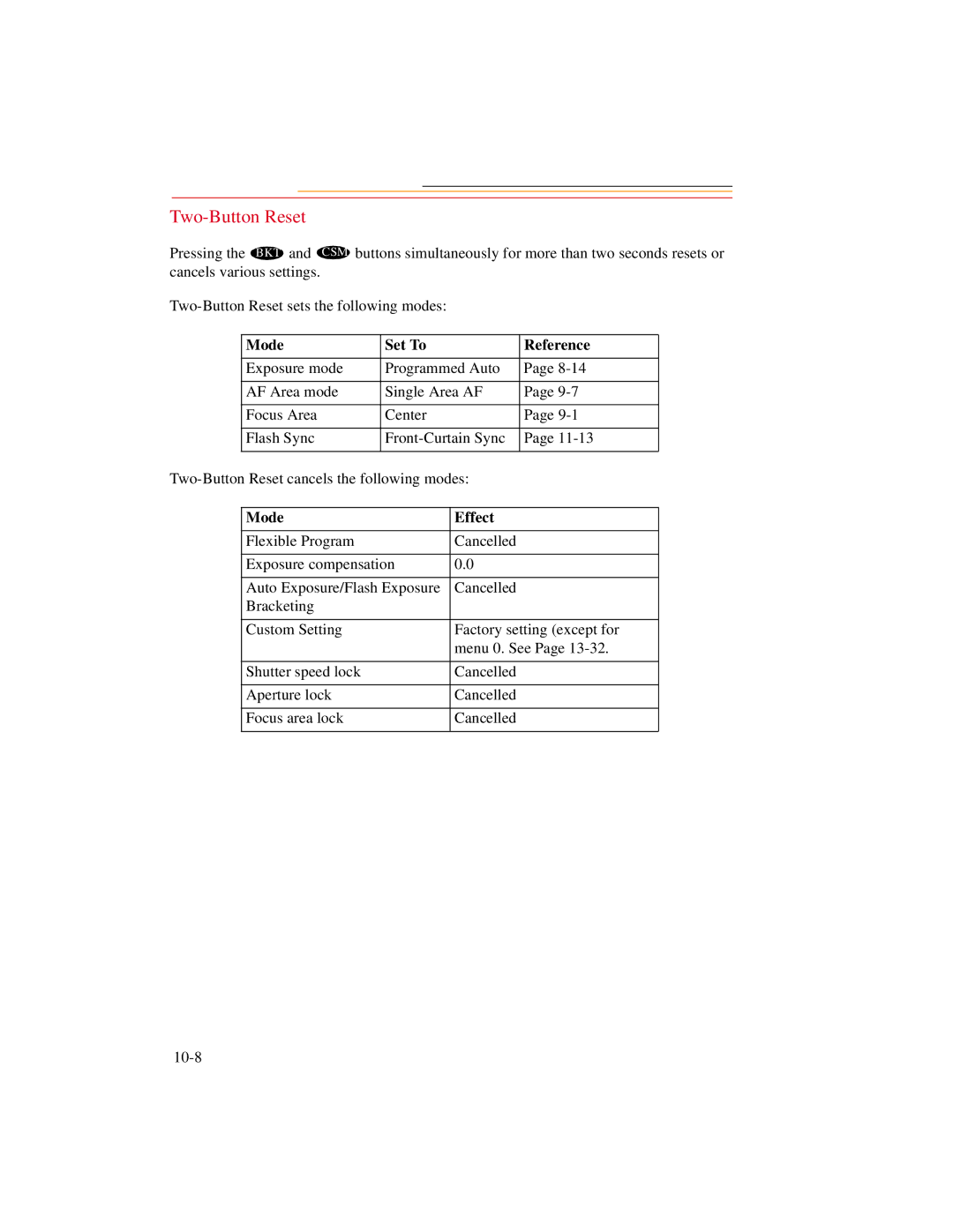 Kodak DCS600 manual Two-Button Reset, Mode Set To Reference, Mode Effect 