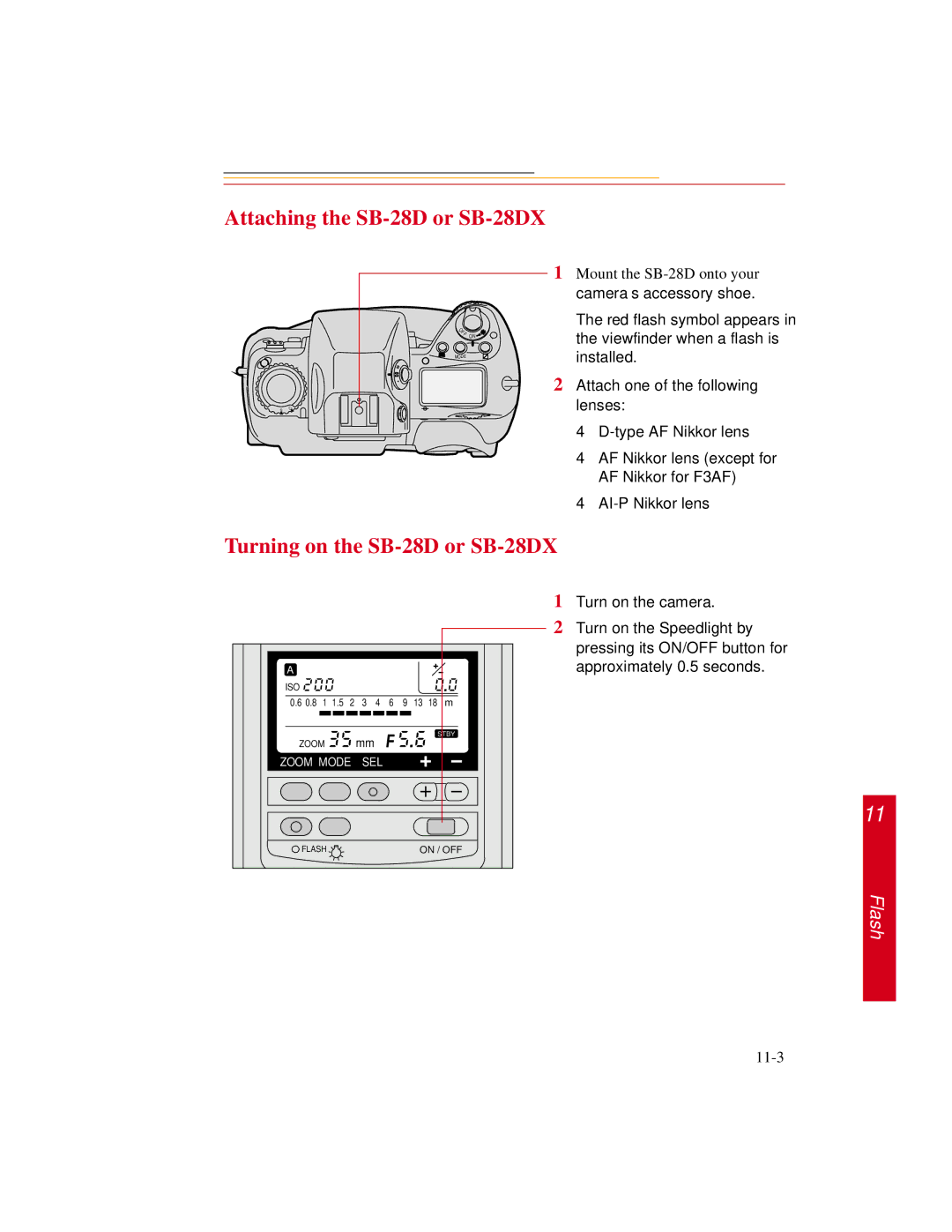 Kodak DCS600 manual Attaching the SB-28D or SB-28DX, Turning on the SB-28D or SB-28DX 