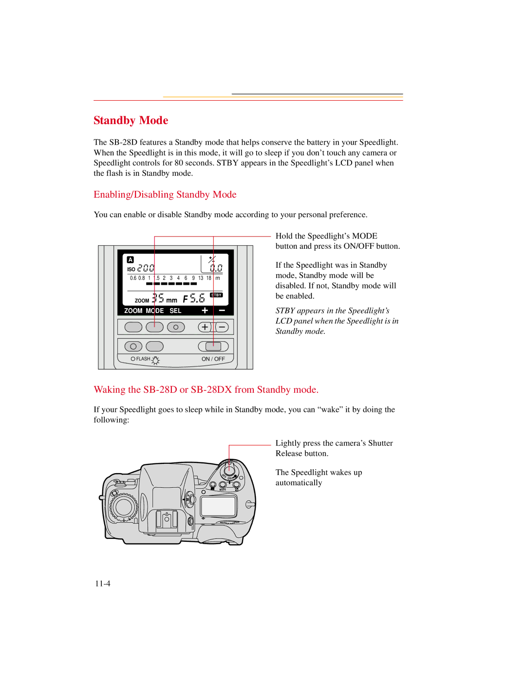 Kodak DCS600 manual Enabling/Disabling Standby Mode, Waking the SB-28D or SB-28DX from Standby mode 