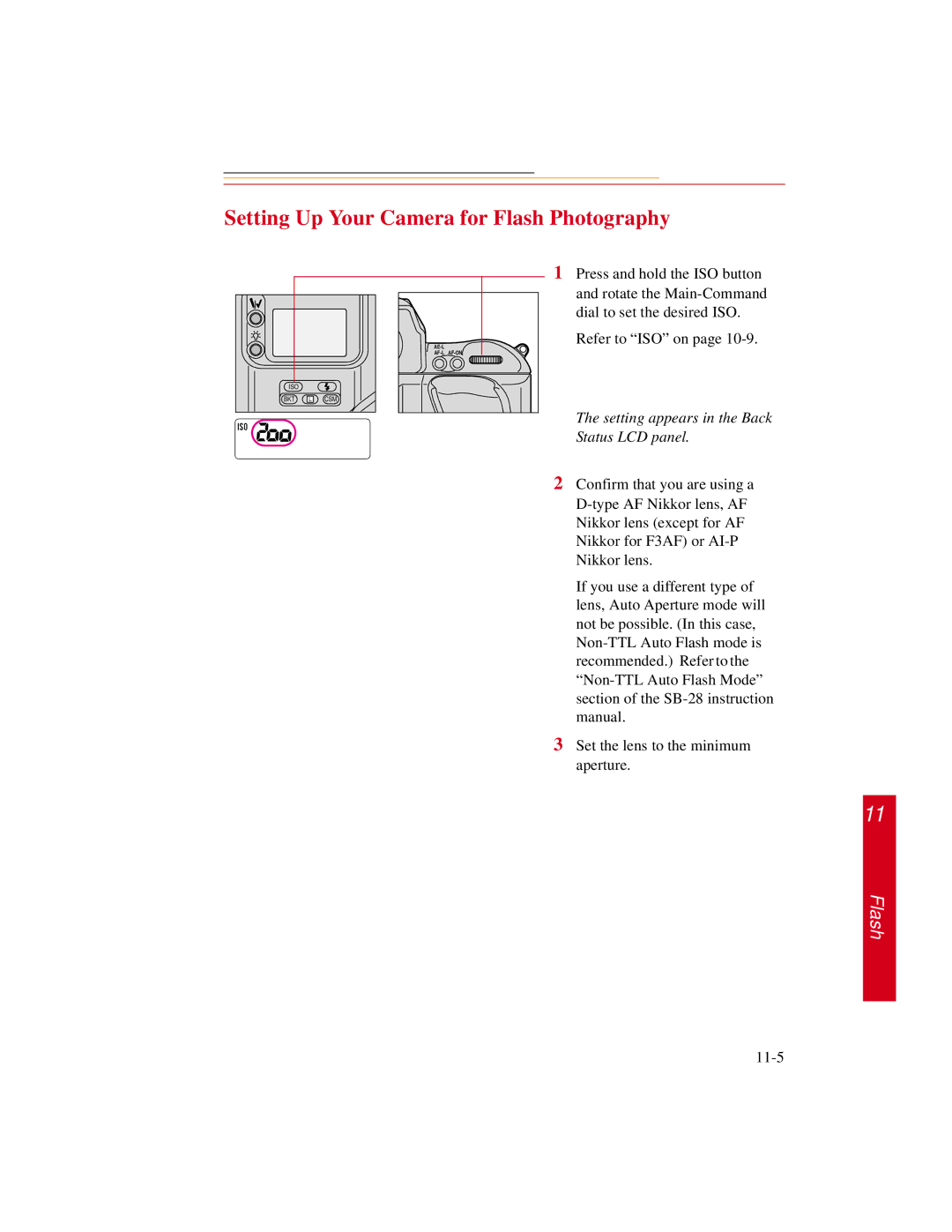 Kodak DCS600 manual Setting Up Your Camera for Flash Photography, Setting appears in the Back Status LCD panel 