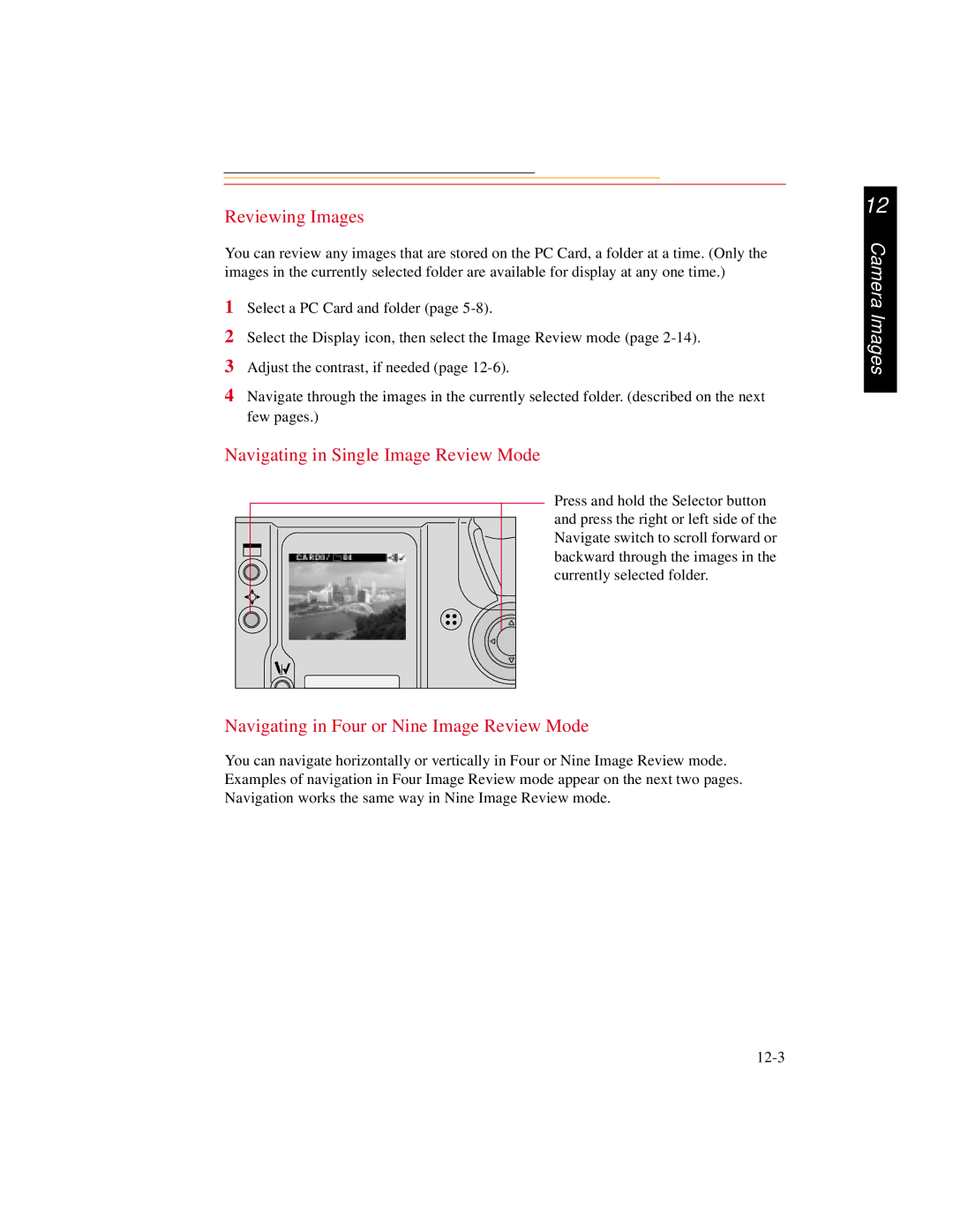 Kodak DCS600 manual Reviewing Images, Navigating in Single Image Review Mode, Navigating in Four or Nine Image Review Mode 