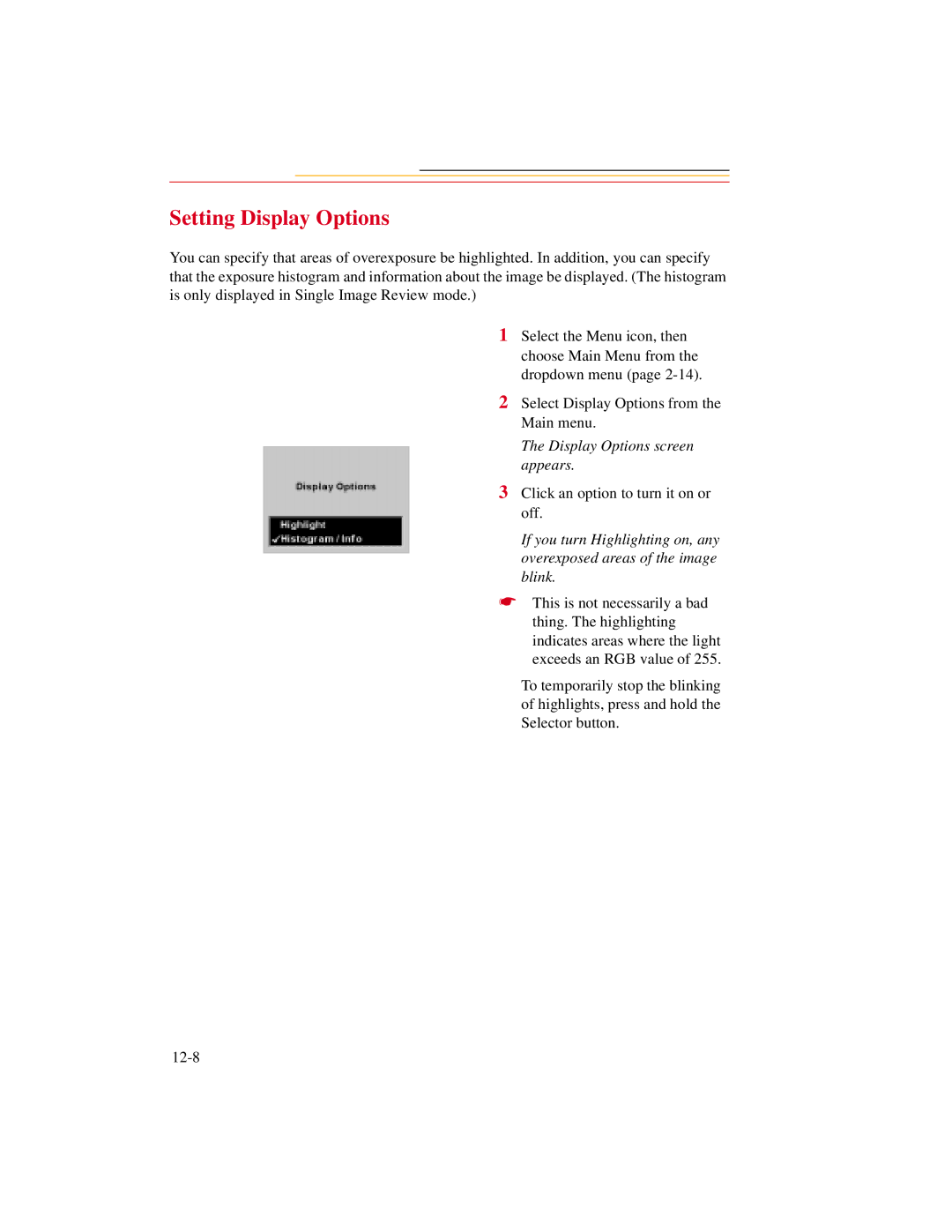 Kodak DCS600 manual Setting Display Options, Display Options screen appears 