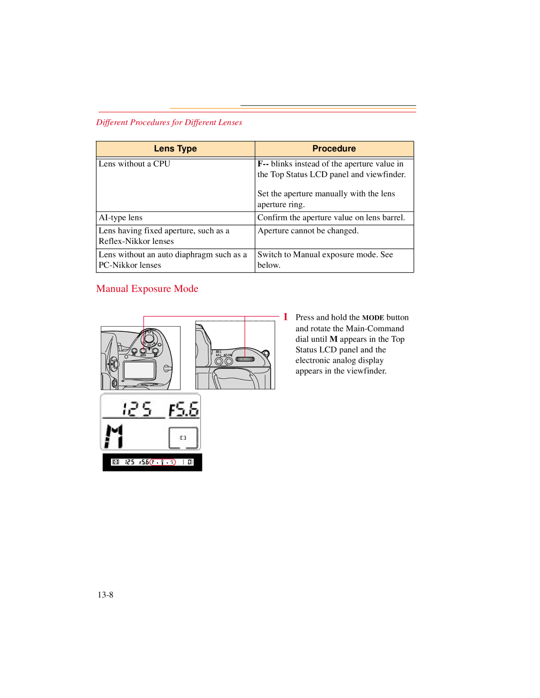 Kodak DCS600 manual Manual Exposure Mode, Different Procedures for Different Lenses, Lens Type Procedure 