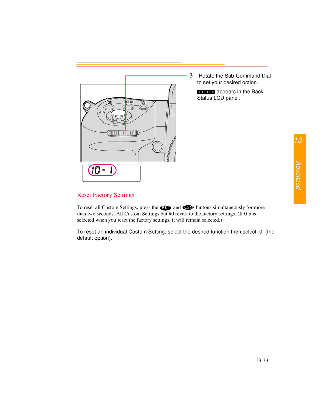 Kodak DCS600 manual Reset Factory Settings, Custom appears in the Back Status LCD panel 