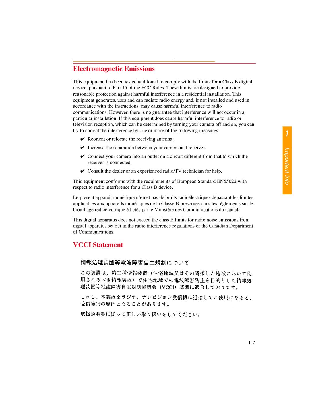 Kodak DCS600 manual Electromagnetic Emissions, Vcci Statement 