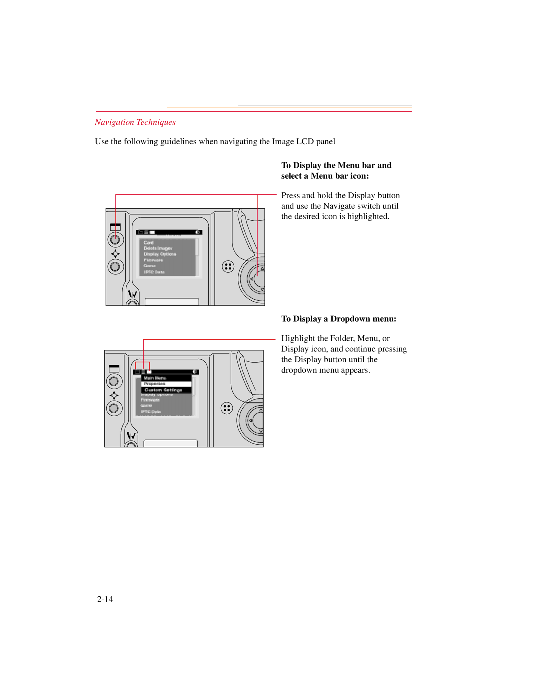 Kodak DCS600 manual Navigation Techniques, To Display the Menu bar and select a Menu bar icon, To Display a Dropdown menu 