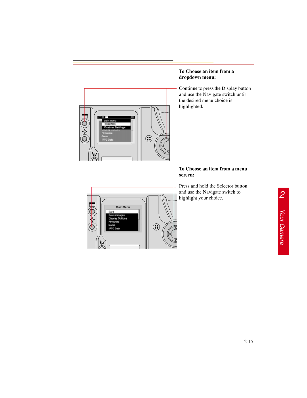 Kodak DCS600 manual To Choose an item from a dropdown menu, To Choose an item from a menu screen 