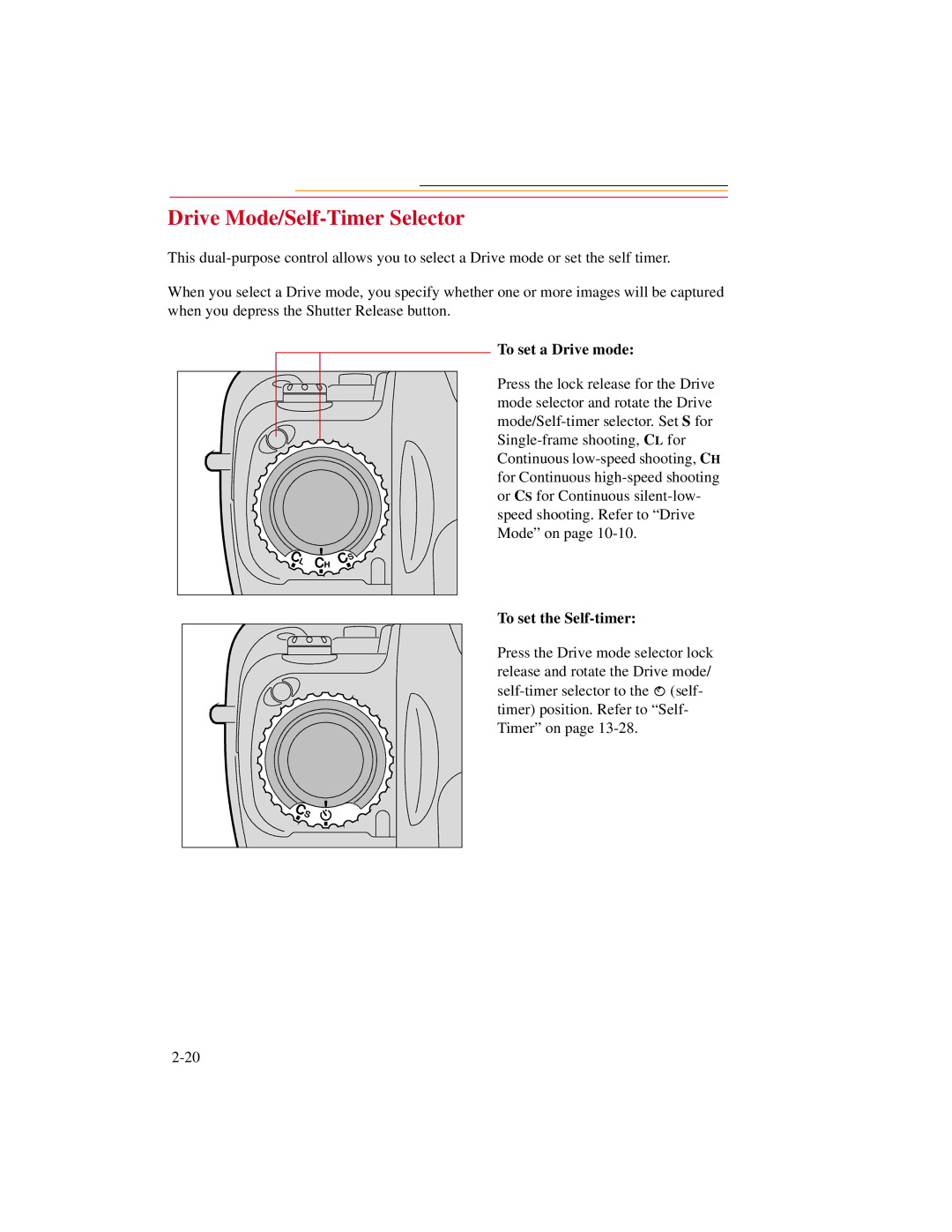 Kodak DCS600 manual Drive Mode/Self-Timer Selector, To set a Drive mode, To set the Self-timer 