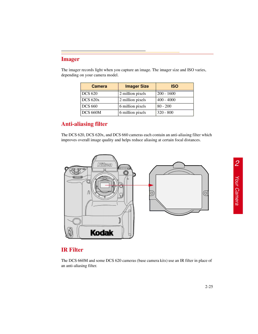 Kodak DCS600 manual Anti-aliasing filter, IR Filter, Camera Imager Size 