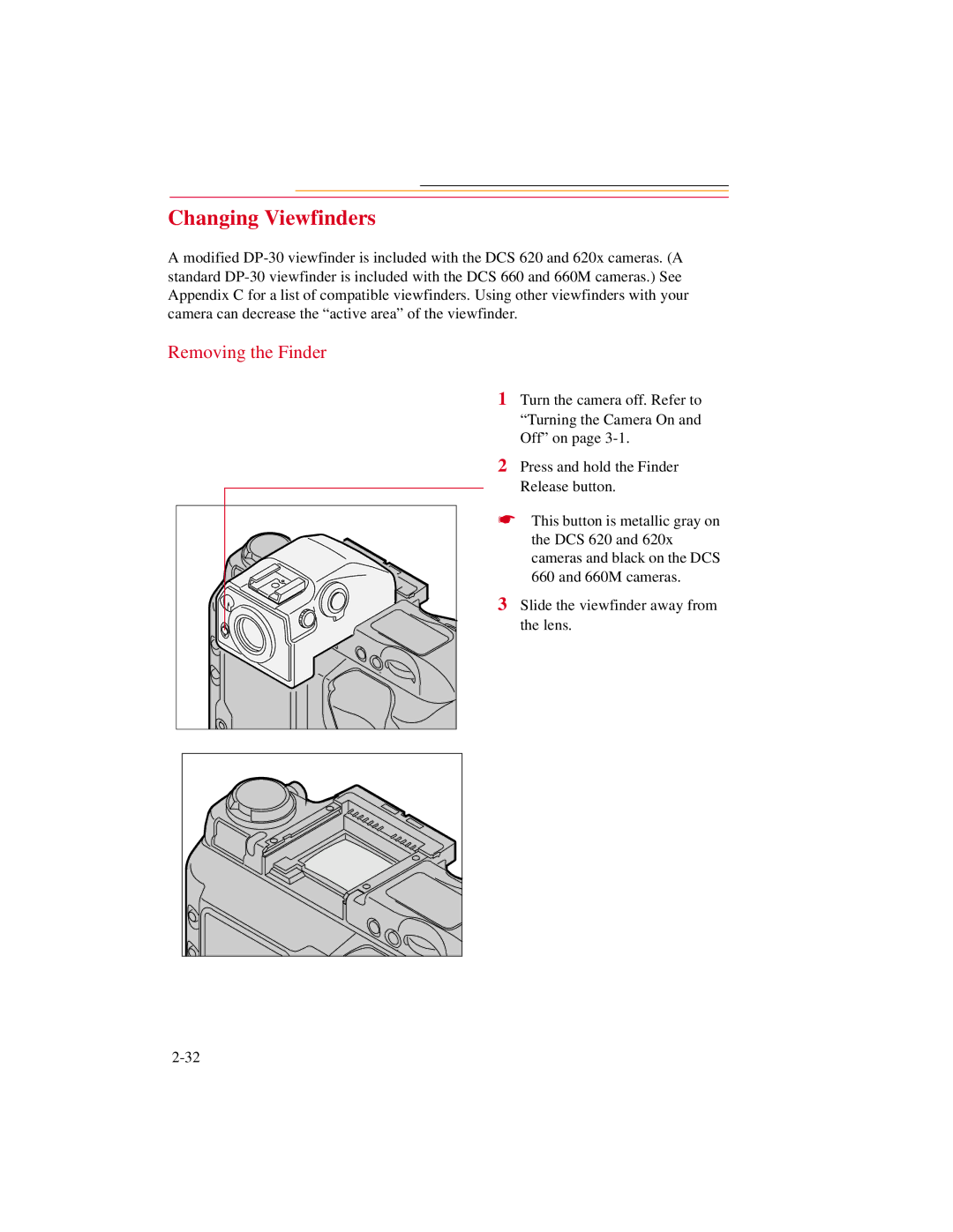 Kodak DCS600 manual Changing Viewfinders, Removing the Finder 