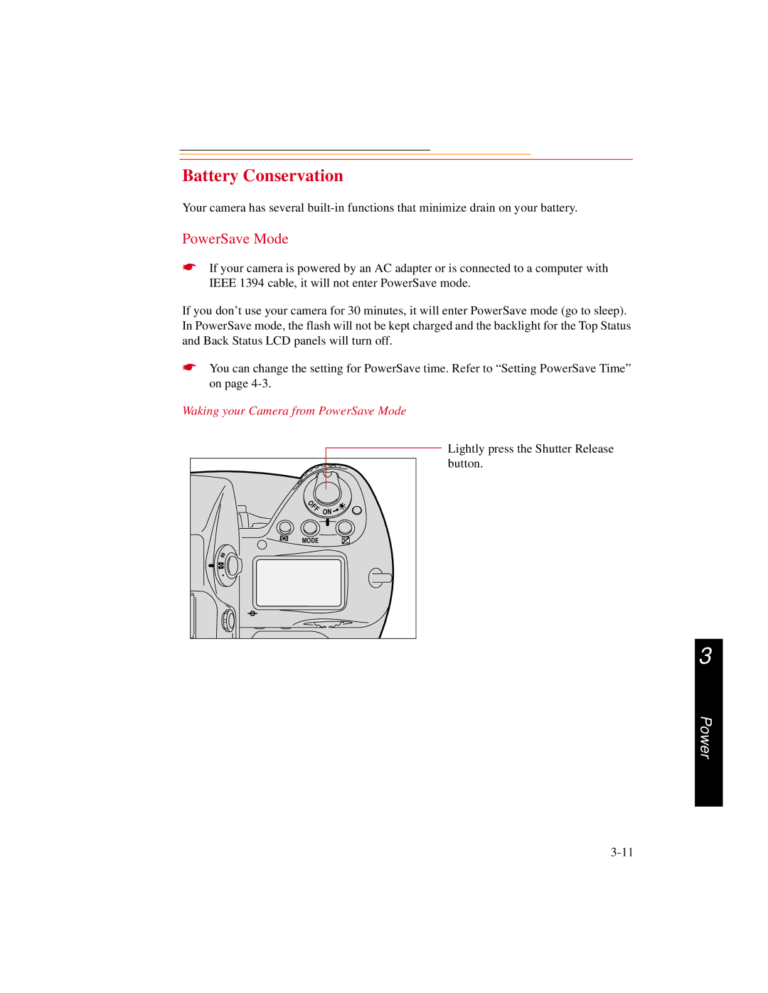 Kodak DCS600 manual Battery Conservation, Waking your Camera from PowerSave Mode 