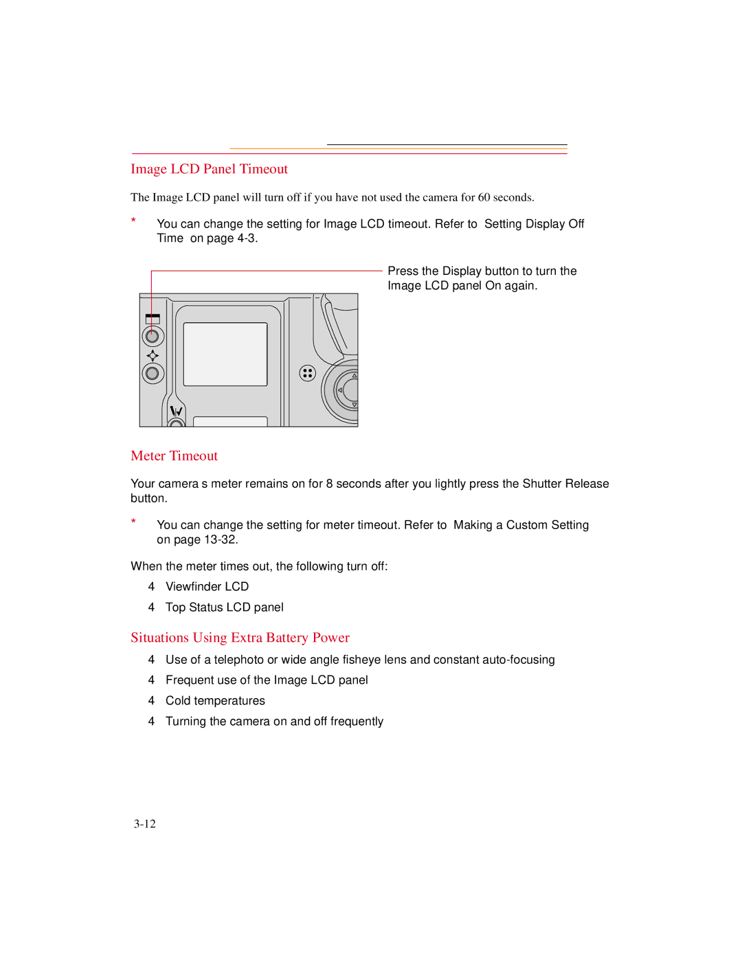 Kodak DCS600 manual Image LCD Panel Timeout, Meter Timeout, Situations Using Extra Battery Power 