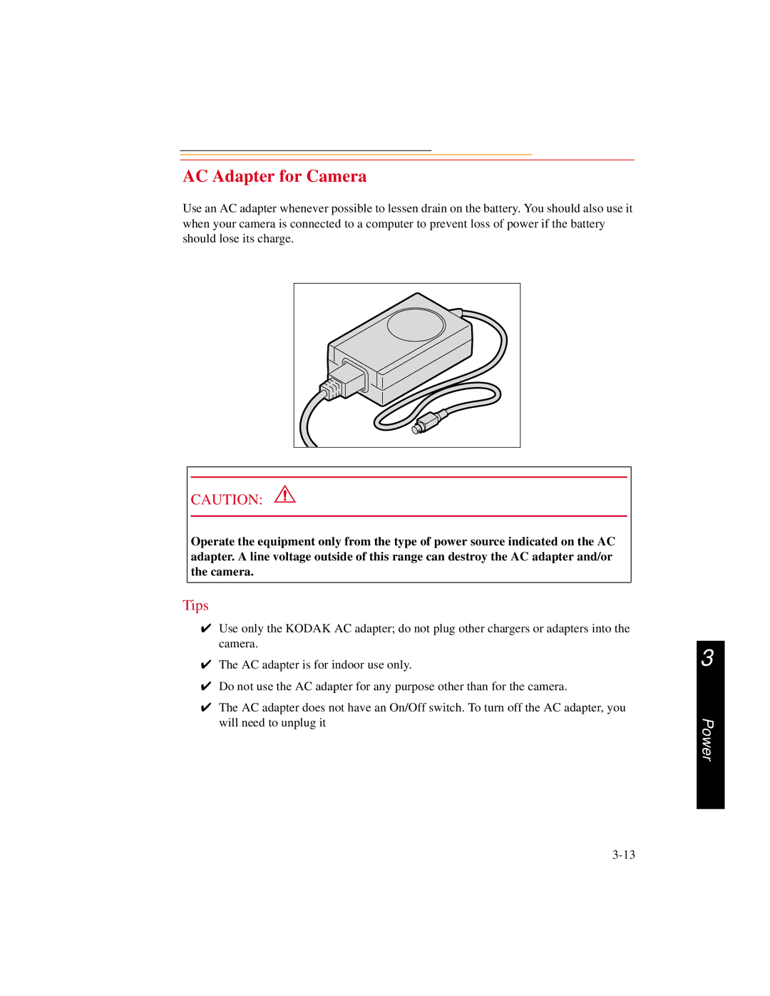 Kodak DCS600 manual AC Adapter for Camera, Tips 