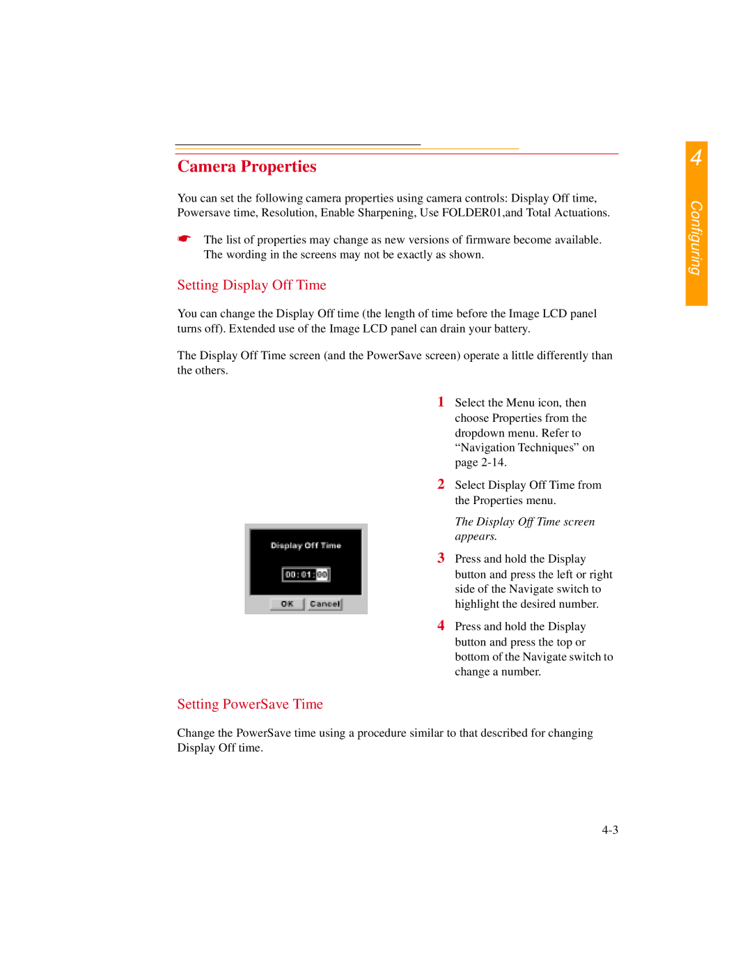 Kodak DCS600 manual Camera Properties, Setting Display Off Time, Setting PowerSave Time, Display Off Time screen appears 