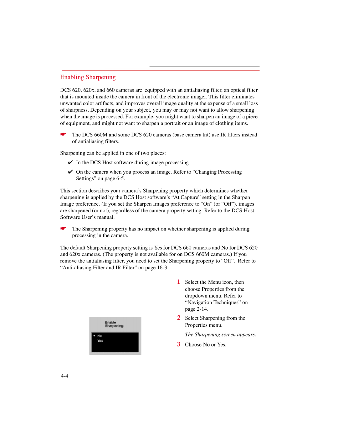 Kodak DCS600 manual Enabling Sharpening, Sharpening screen appears 