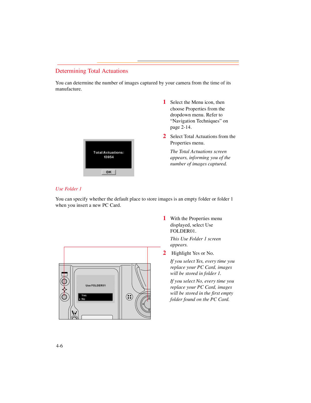 Kodak DCS600 manual Determining Total Actuations, This Use Folder 1 screen appears 