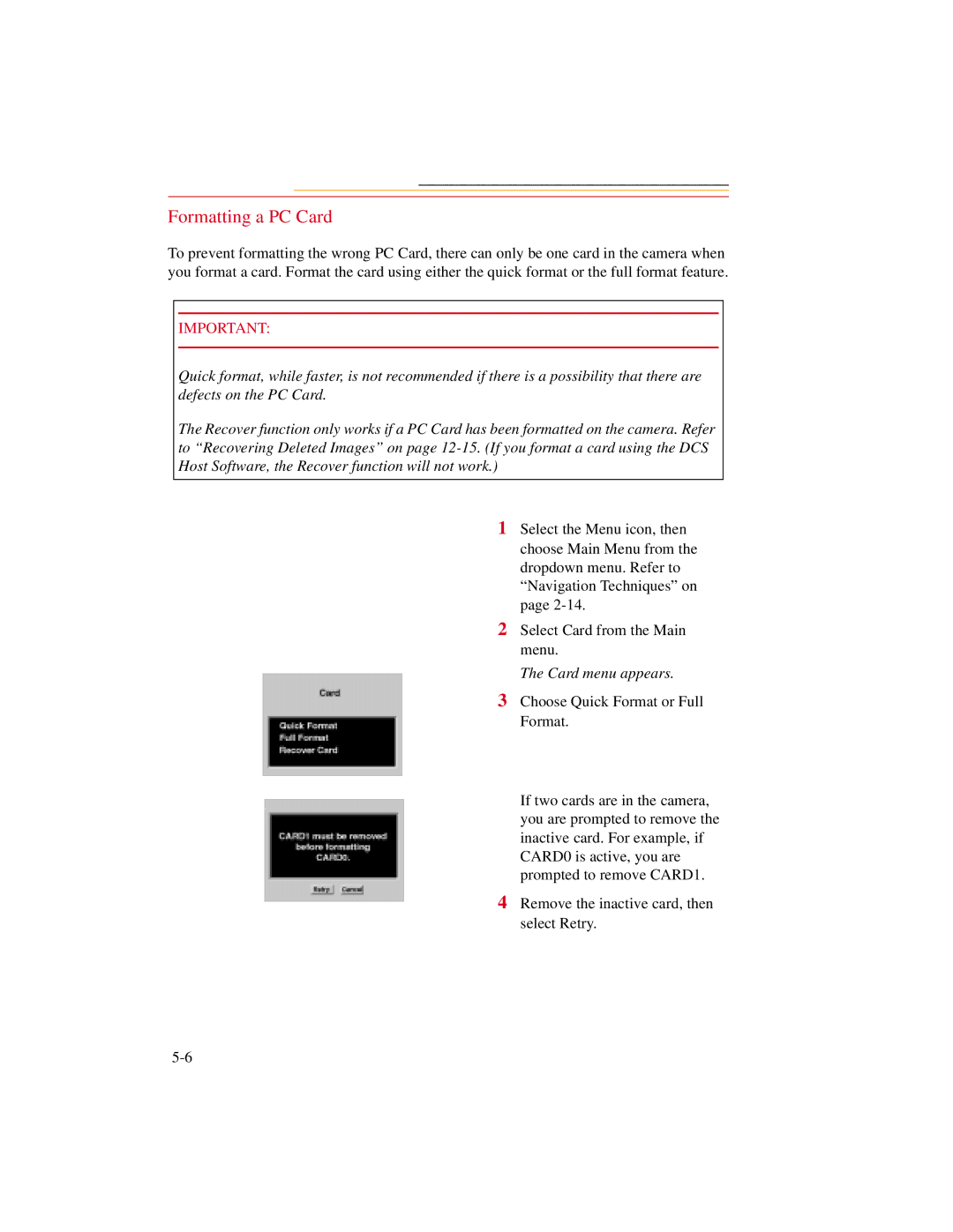 Kodak DCS600 manual Formatting a PC Card, Card menu appears 