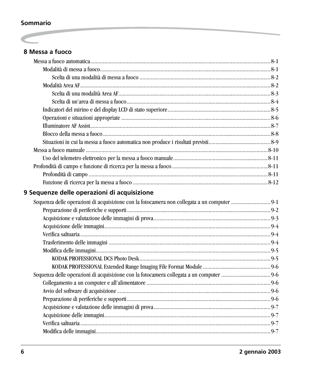 Kodak DCSPRO14N manual Sommario Messa a fuoco, Sequenze delle operazioni di acquisizione 