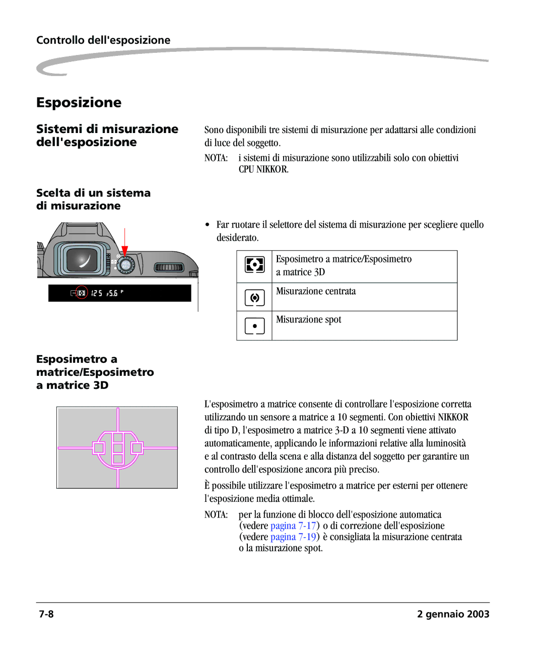 Kodak DCSPRO14N manual Esposizione, Sistemi di misurazione, Dellesposizione, Scelta di un sistema Di misurazione 