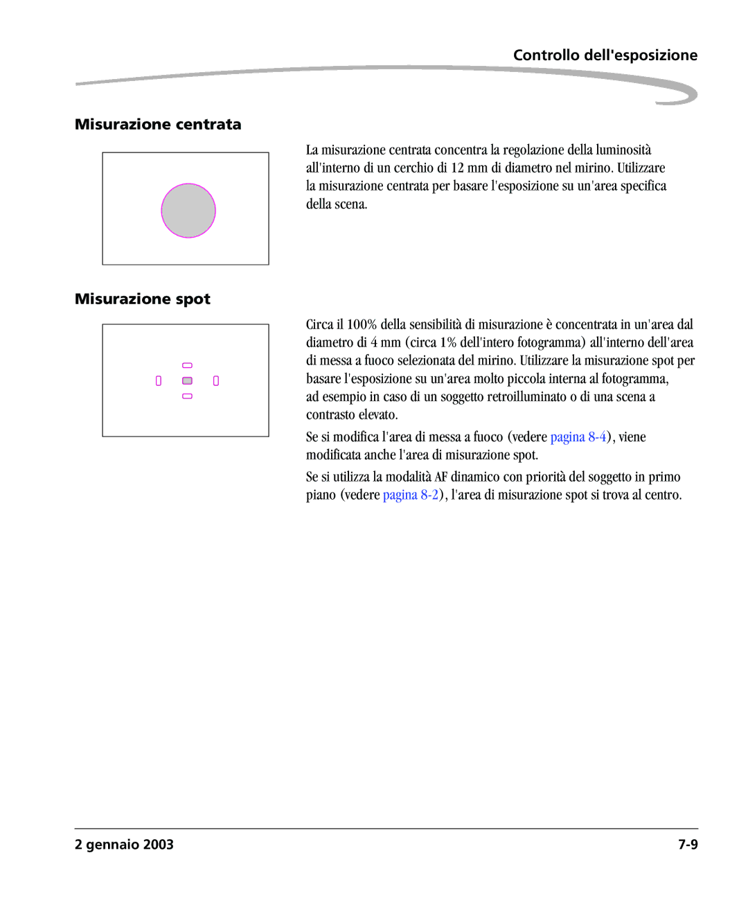 Kodak DCSPRO14N manual Controllo dellesposizione Misurazione centrata, Misurazione spot 
