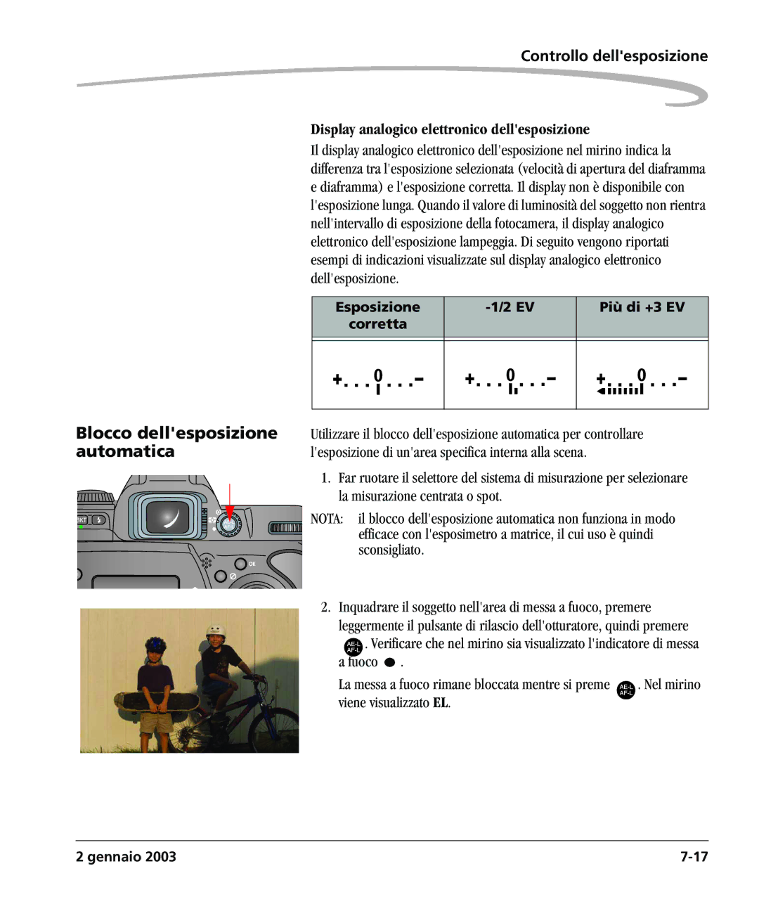 Kodak DCSPRO14N manual Blocco dellesposizione, Automatica, Display analogico elettronico dellesposizione 