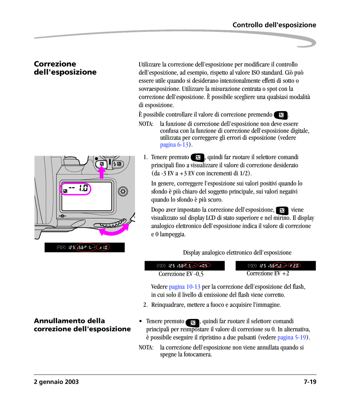 Kodak DCSPRO14N manual Annullamento della, Correzione dellesposizione 