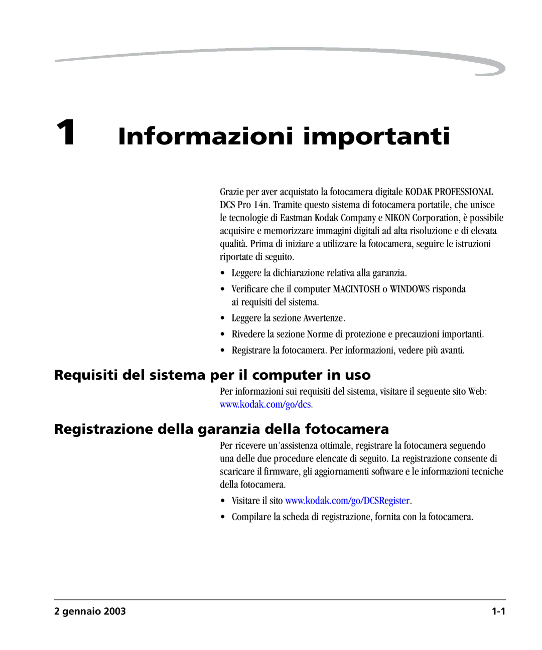 Kodak DCSPRO14N manual Requisiti del sistema per il computer in uso, Registrazione della garanzia della fotocamera 