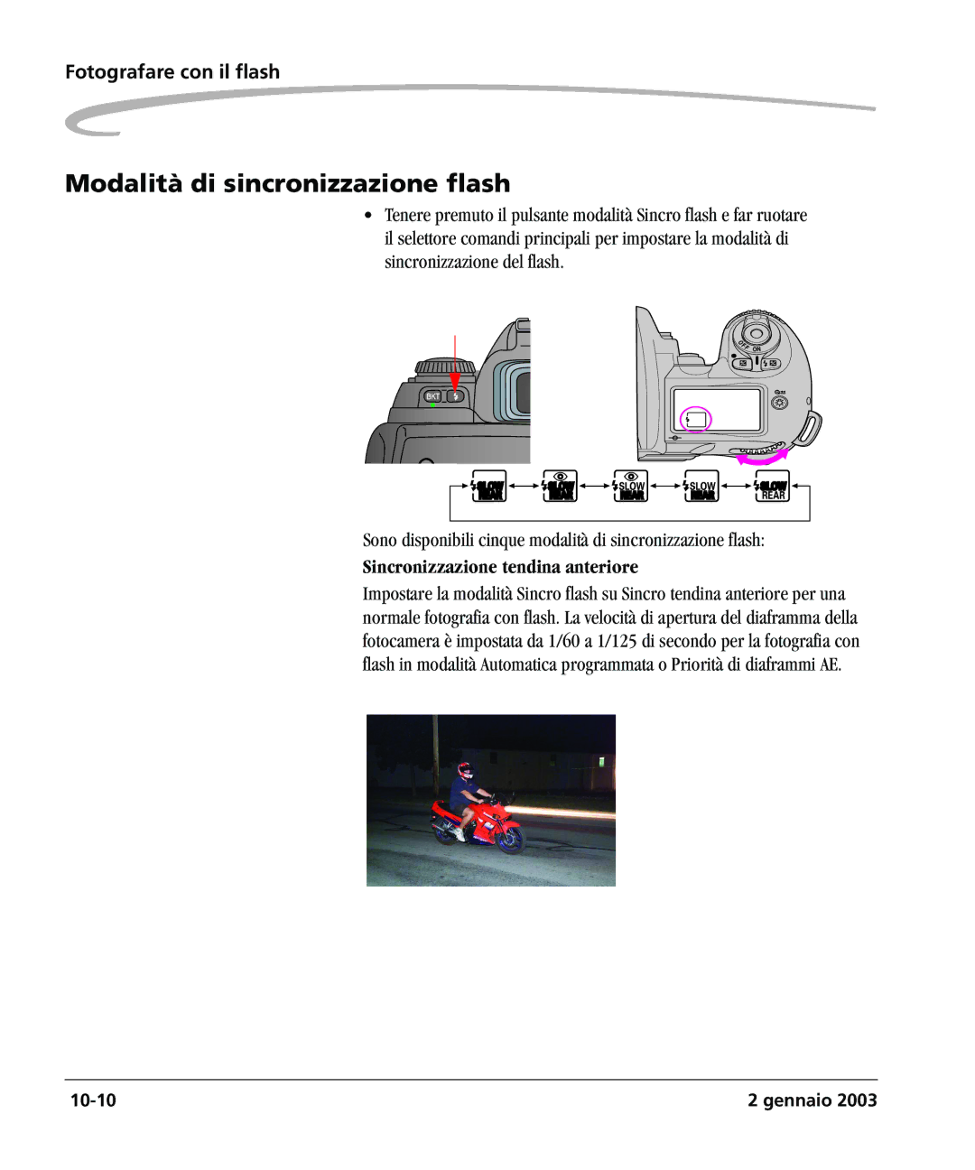 Kodak DCSPRO14N manual Modalità di sincronizzazione flash, Sincronizzazione tendina anteriore 