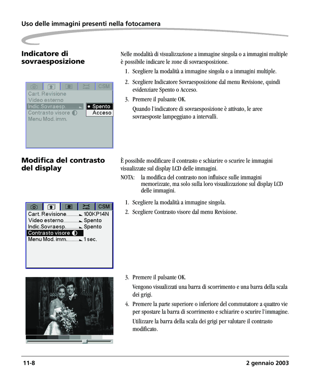 Kodak DCSPRO14N manual Indicatore di, Sovraesposizione, Modifica del contrasto, Del display 