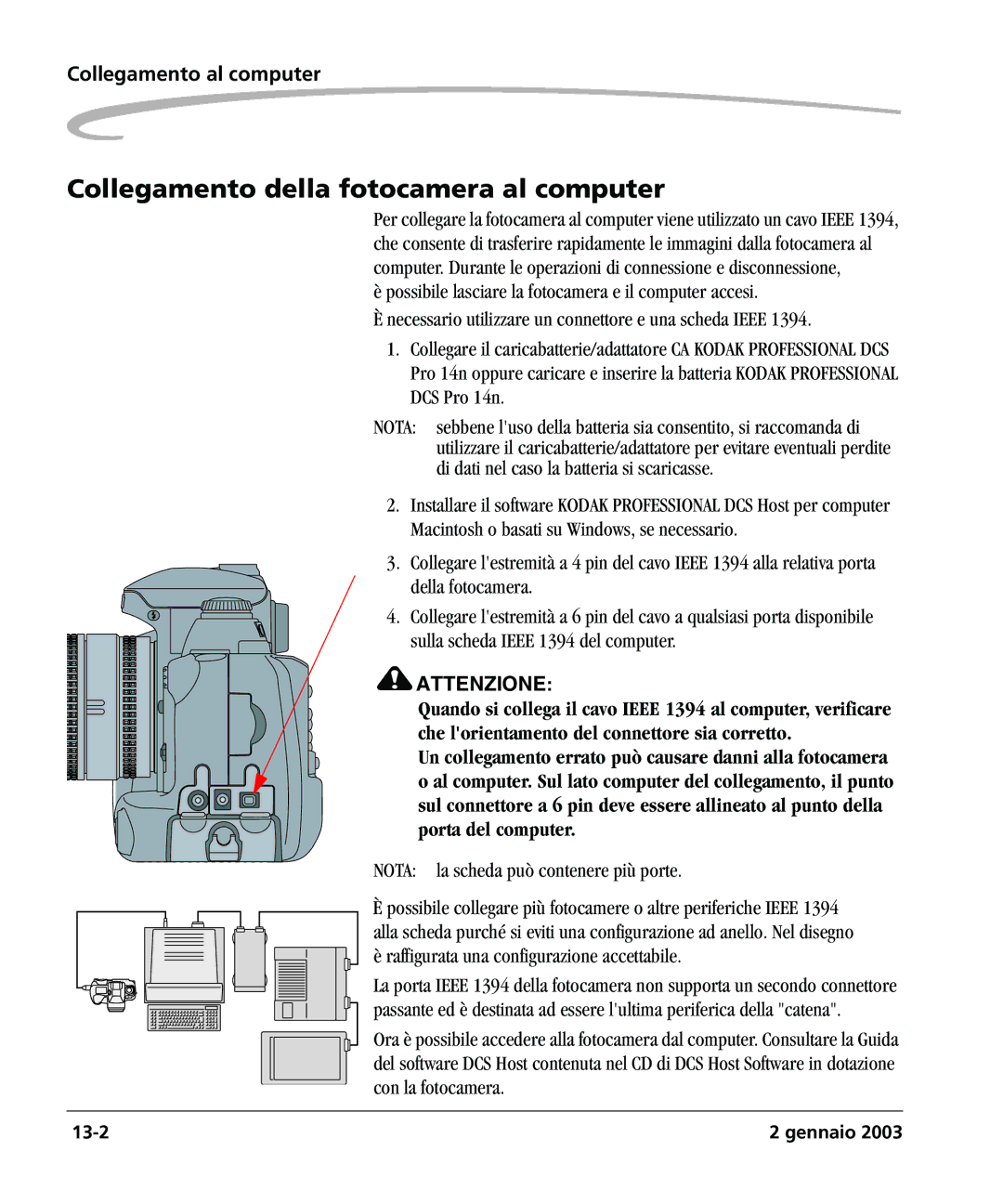 Kodak DCSPRO14N manual Collegamento della fotocamera al computer, Collegamento al computer 