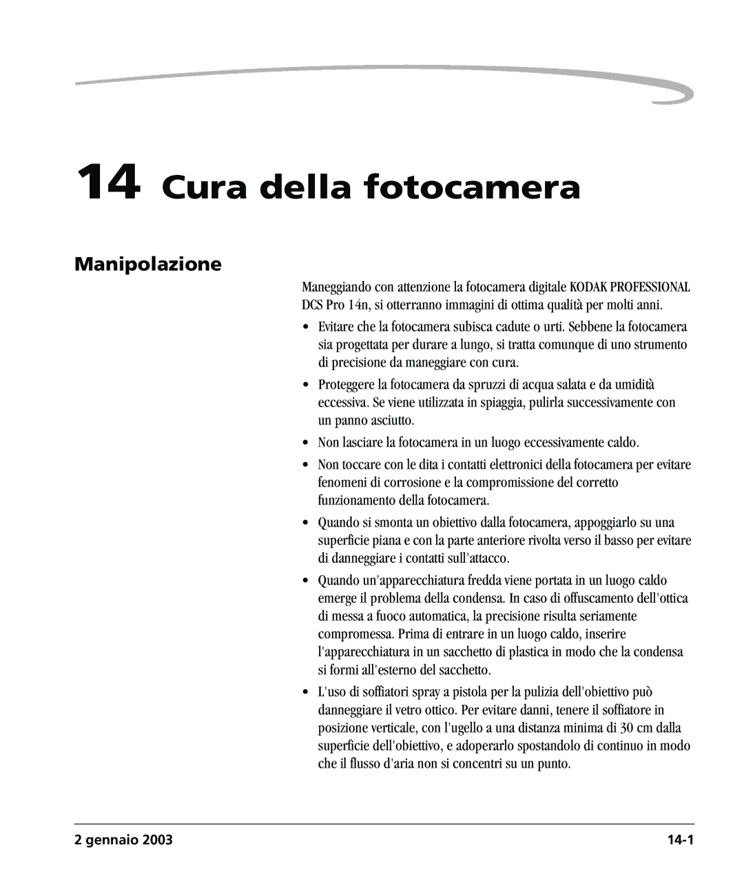 Kodak DCSPRO14N manual Cura della fotocamera, Manipolazione 