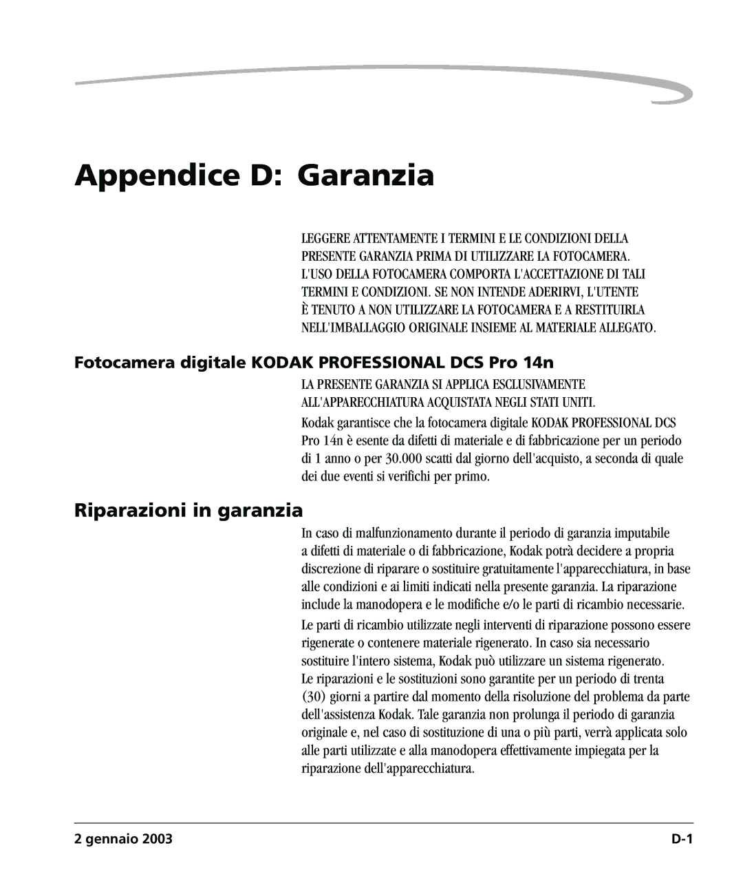 Kodak DCSPRO14N manual Riparazioni in garanzia, Fotocamera digitale Kodak Professional DCS Pro 14n 