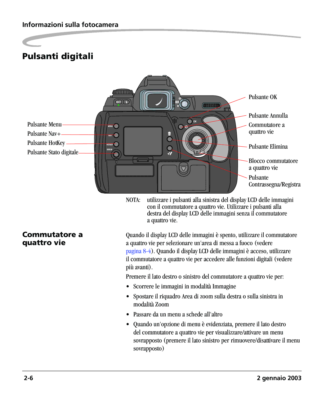 Kodak DCSPRO14N manual Pulsanti digitali, Commutatore a, Quattro vie 