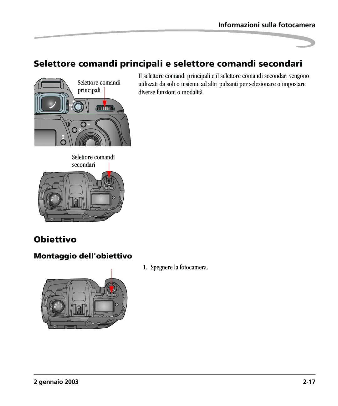 Kodak DCSPRO14N manual Selettore comandi principali e selettore comandi secondari, Obiettivo, Montaggio dellobiettivo 